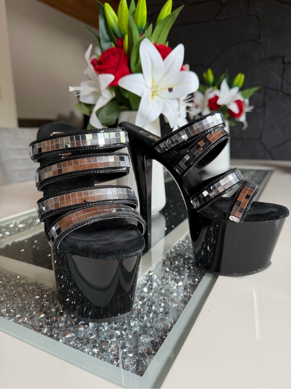 7inch Glossy Black Pleaser Platform Sandals with Mirror-like Squares on Straps